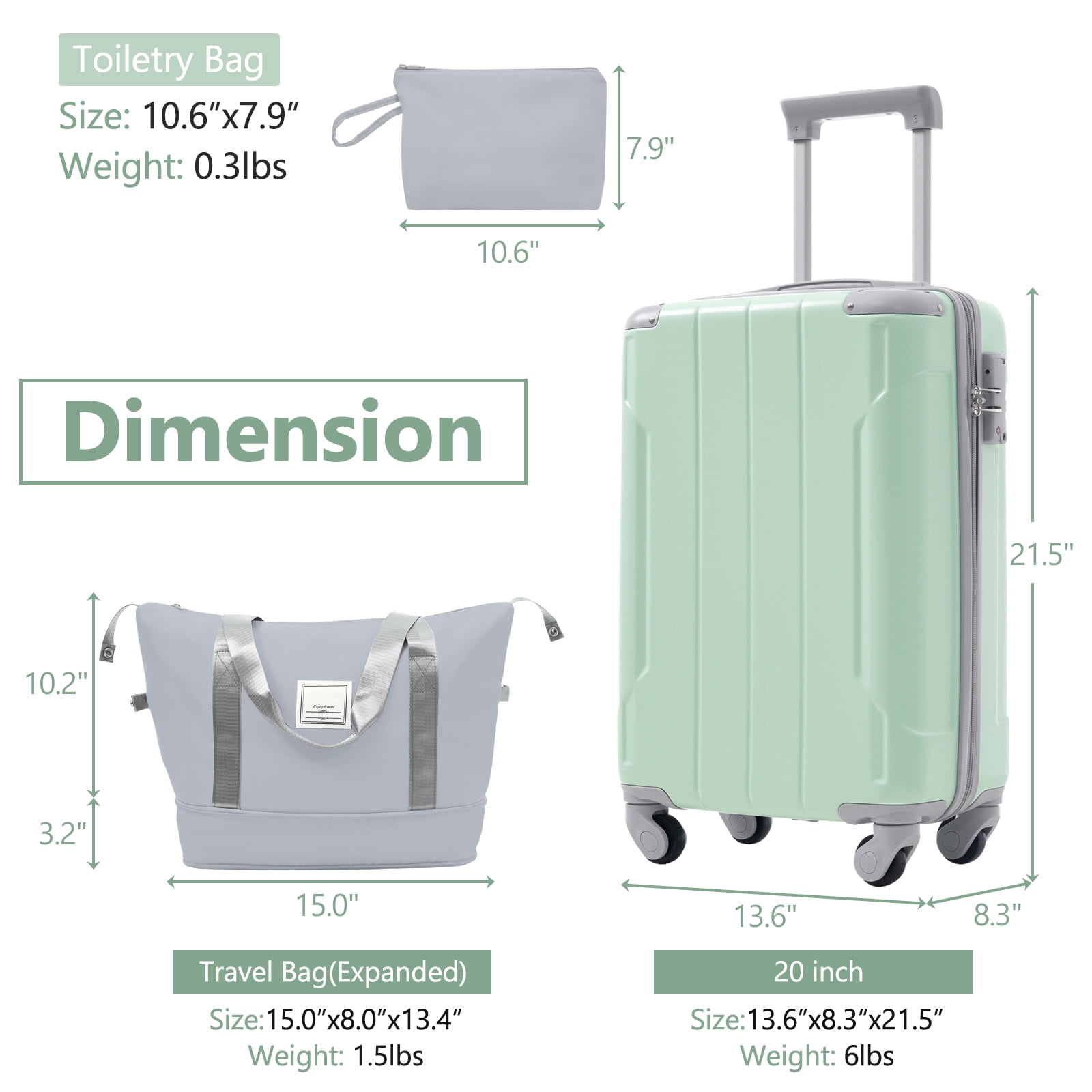 Alikpop 20 Inch Adult 3-Piece Green Hardside Luggage Set with Spinner Wheels, Lightweight ABS Hardshell Carry-On for Travel