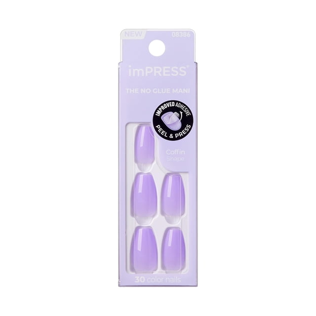 KISS imPRESS Mani sin pegamento, 30 piezas, uñas a presión, diseño de ataúd mediano, impresión de lavanda púrpura sólida, despegar y presionar fácil, fácil aplicación, eliminación sin complicaciones,