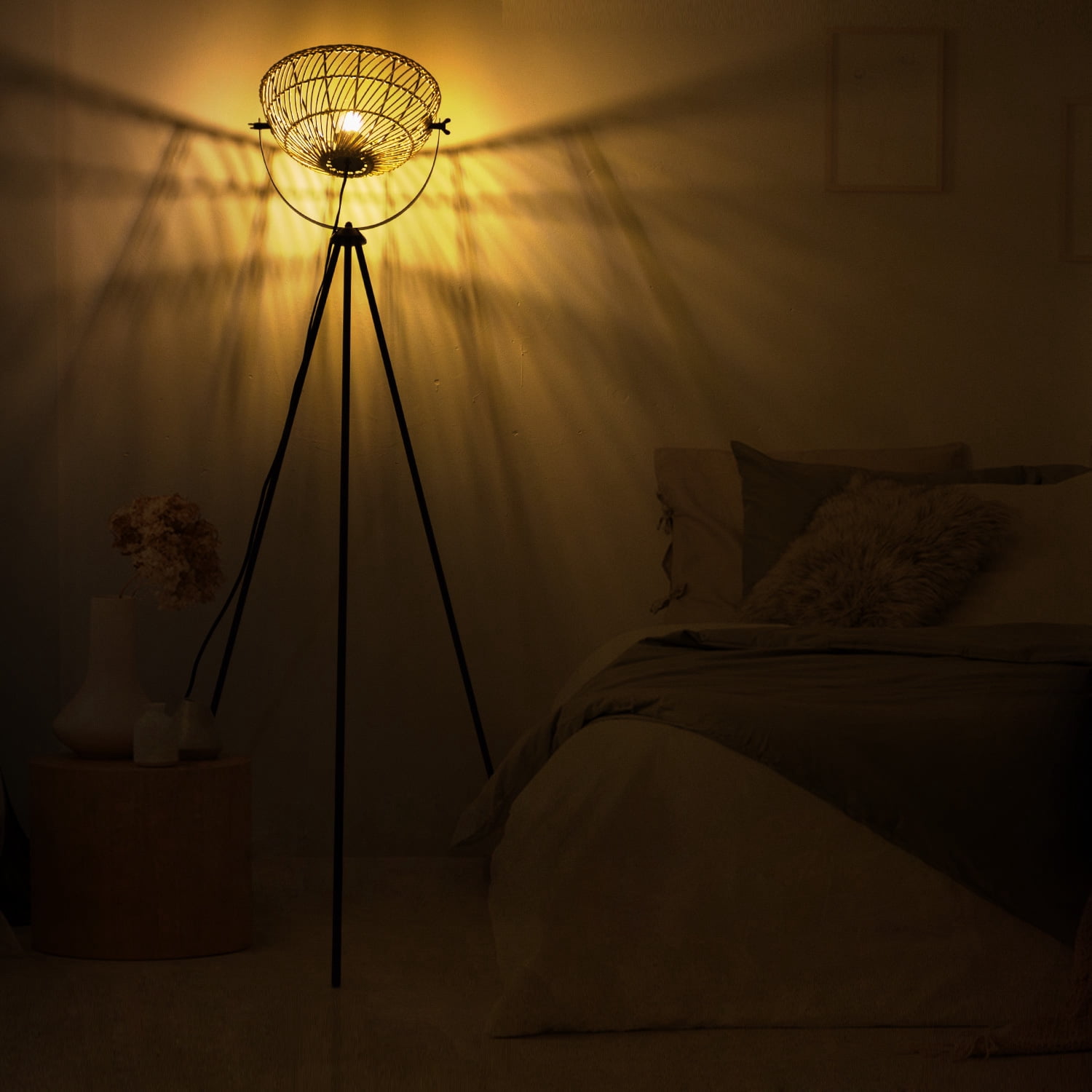 Osasy Tripod Lamp Rattan Wicker Floor Lamp Boho Tripod Floor Lamps for Living Room, Mid-Century Floor Lamp, Unique Floor Lamps Vintage Traditional Standing Lamp Kids Room Tripod Boho Floor Lamp