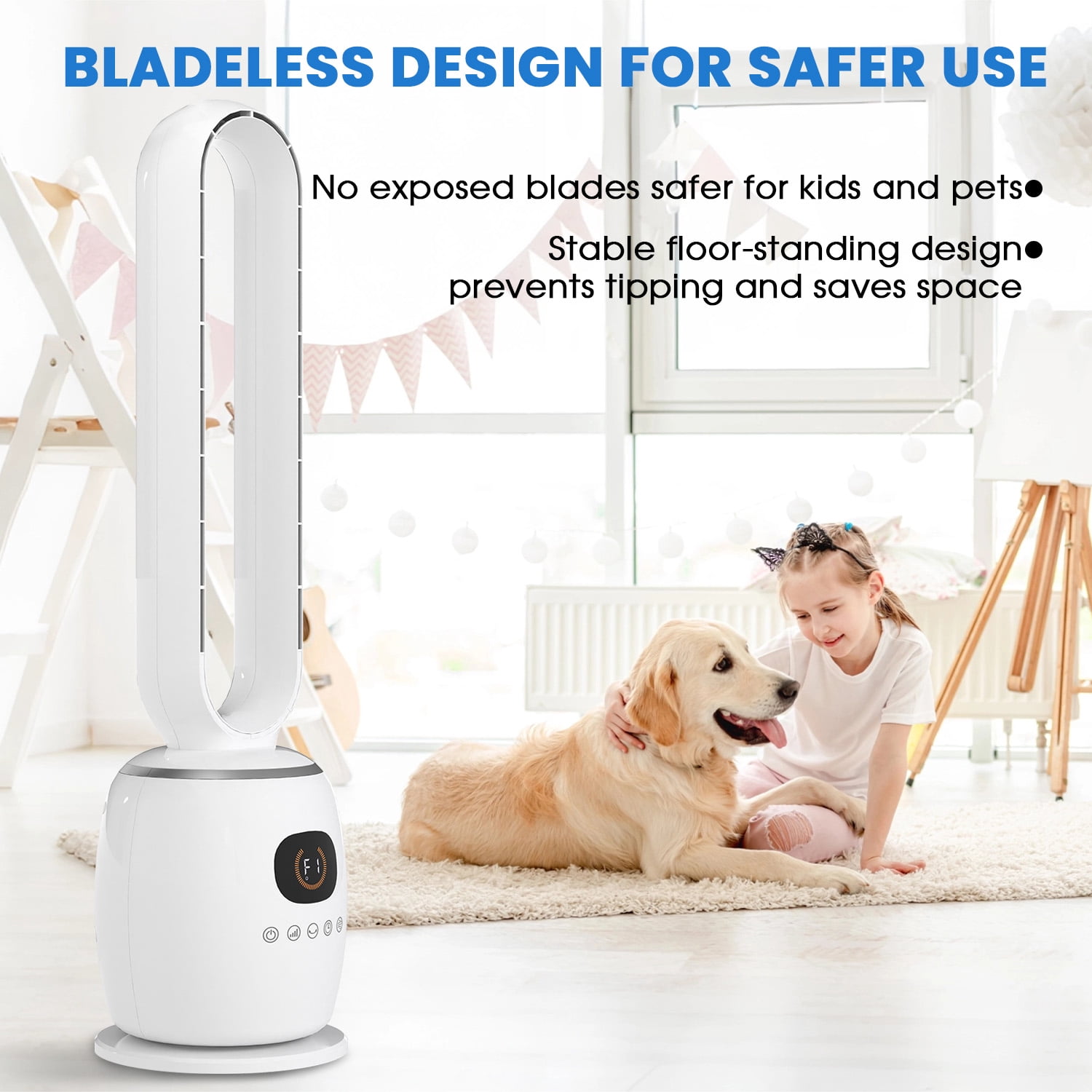 Bladeless Fans for Home, 33" Standing Floor Fan, 29 ft/S Quite Tower Fan with Remote, 90° Oscillating, 3 Modes & 3 Speeds, 12H Timer