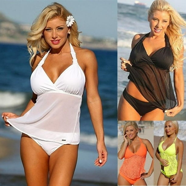 Women s Fashion High Waist Tankini Sexy Push Up Sheer Halter