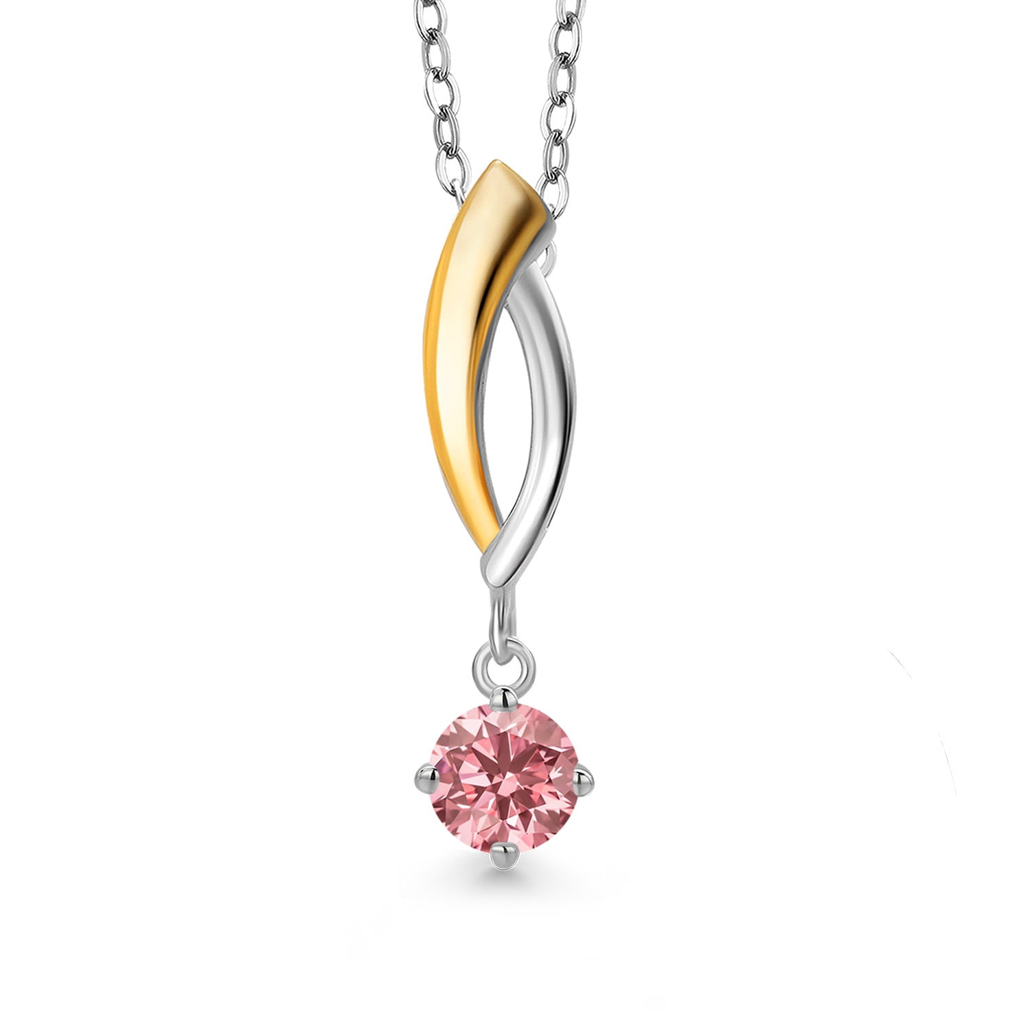 Gem Stone King 925 Silver and 10K Yellow Gold Pink Lab Grown Diamond Pendant Necklace for Women | 0.36 Cttw | Gemstone April Birthstone | Round 4.5MM | With 18 inch Silver Chain