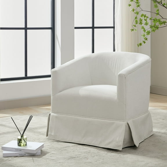 Locus Bono Swivel Accent Chair for Living Room, Bedroom, Adult, Linen Fabric, Cream/White (Set of 1)