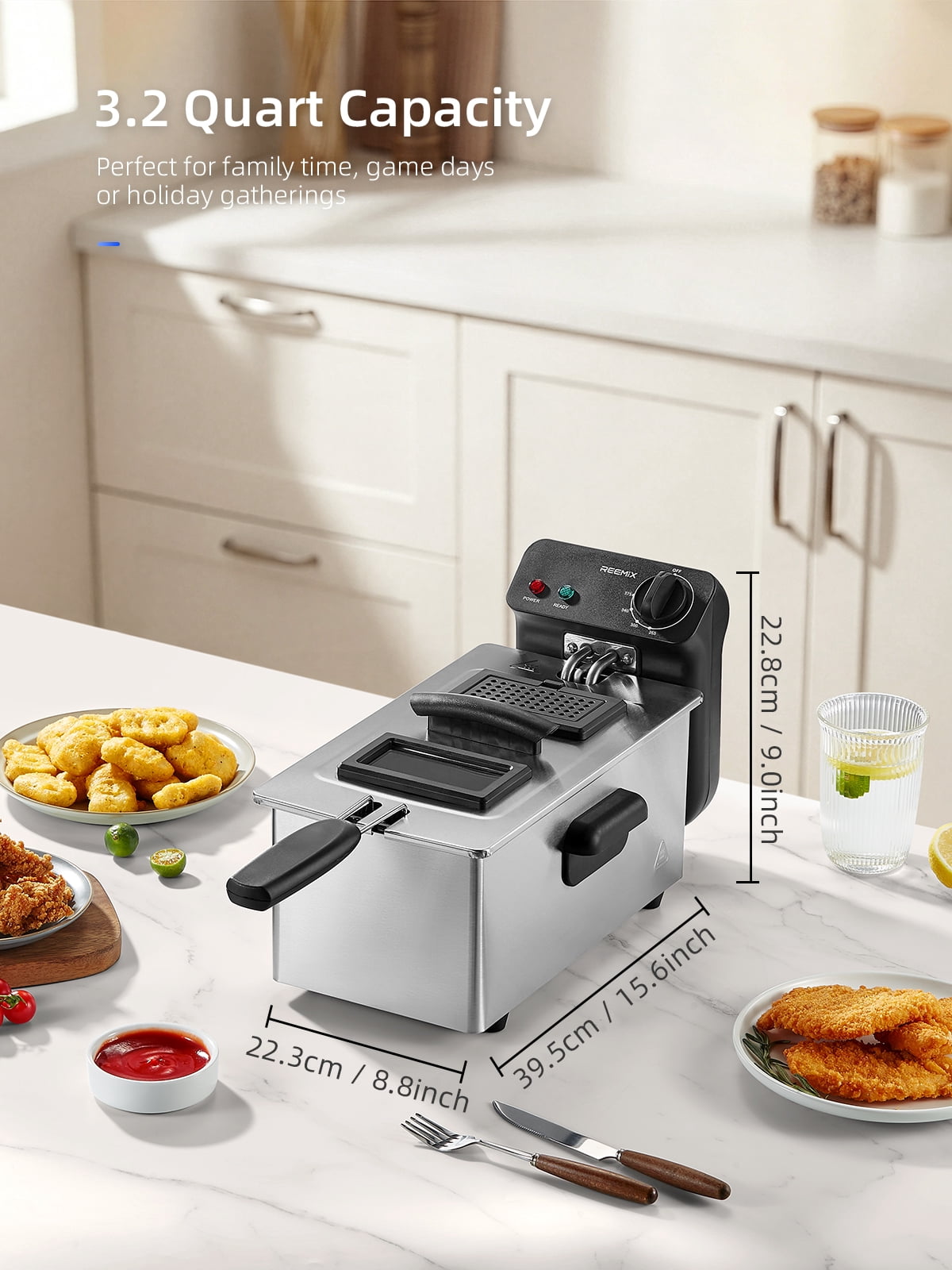 Electric Deep Fryer 3.2Qt Capacity, 1500 Watt Lid with Viewing Window and Odor Filter, Adjustable Temperature, Removable Frying Basket and Easy to Clean Stainless Steel Body, Silver