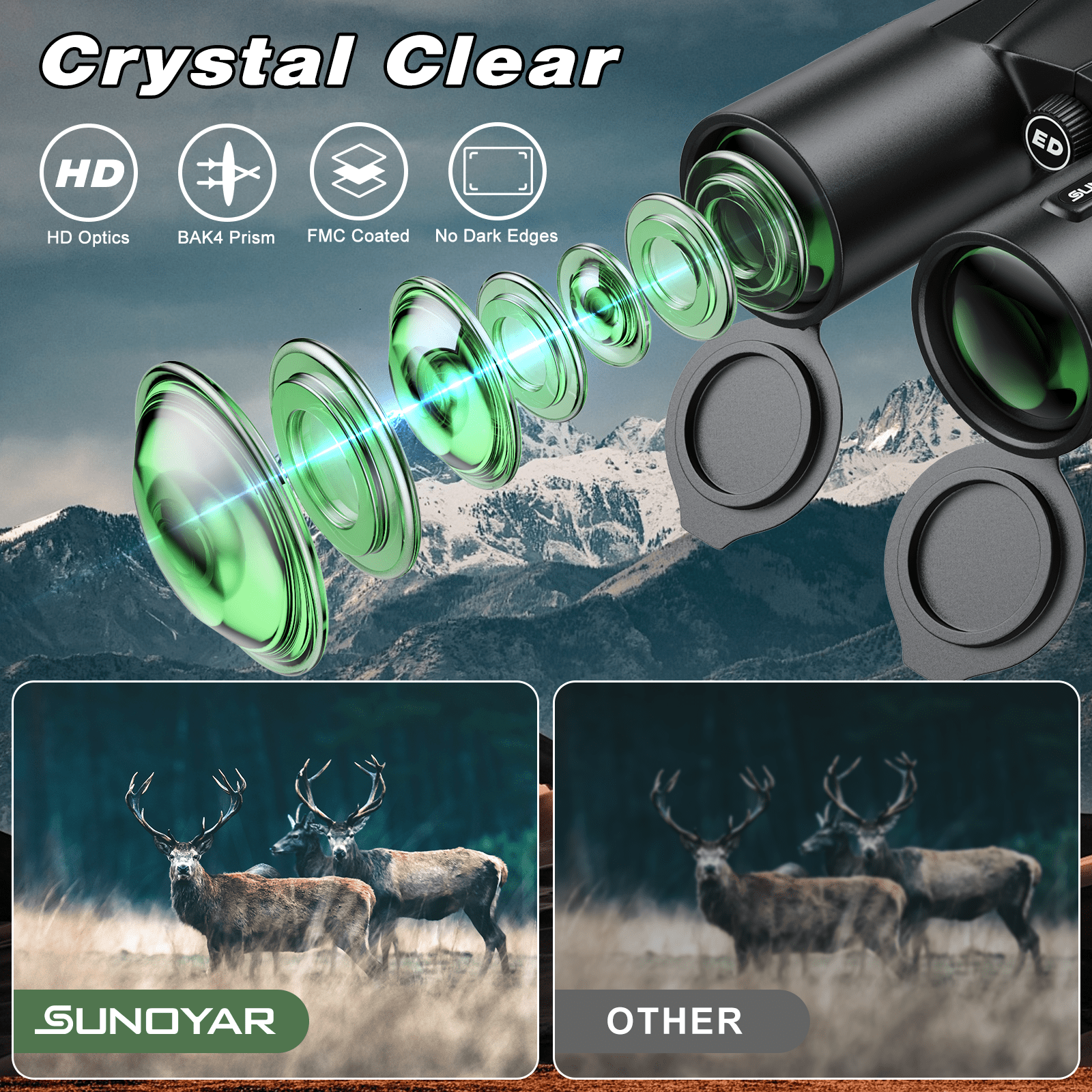 SUNOYAR 10x42 ED Binoculars for Adults, HD Professional Binoculars with Extra-Low Dispersion Glass, BAK4 Prism, Waterproof Binoculars with Phone Adapter & Case for Bird Watching, Hiking, Travel