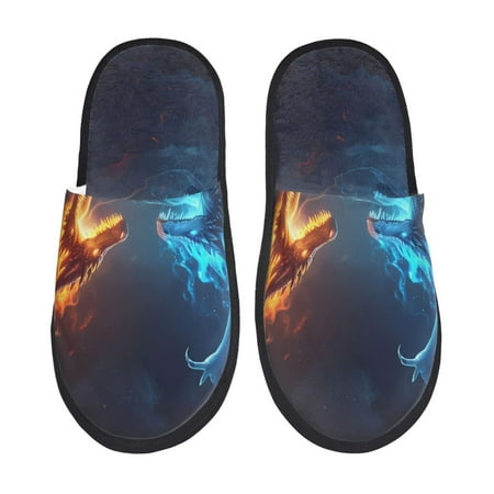 Balery Red And Blue Fire Dragon C Slient Indoor Furry Fleece Comfort House Shoes Soft Non-Slip Home Shoes Cotton slippers House Slippers-- Medium