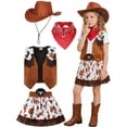 thumbnail image 7 of Ruiwill Little Girls Western Cowgirl Outfit Set Summer Stretchy V Neck Sleeveless Graphic Print Skirt Vest Hat Bandana 4Pcs Set School Casual Girls Clothing Set Size 7-8 Years Brown, 7 of 7