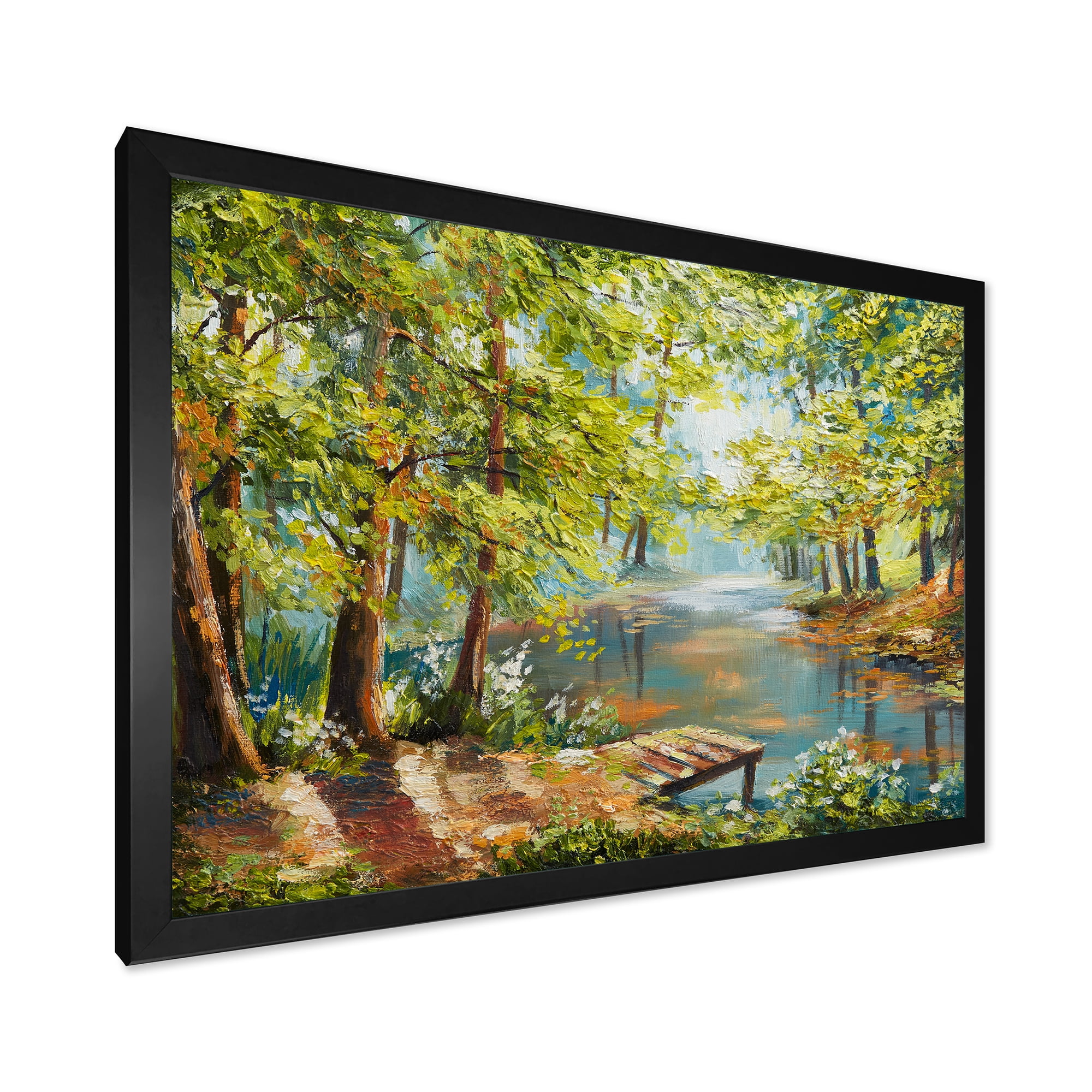 Meandering River With Autumn Forest 32 in x 24 in Framed Painting Canvas Art Print, by Designart