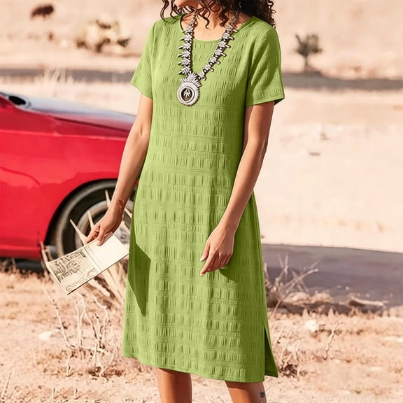 ClodeEU Women's Round Neck Short Sleeve Side Slit Midi Dress,Solid Color Casual Summer Dress a-Army Green,Women's Plus L