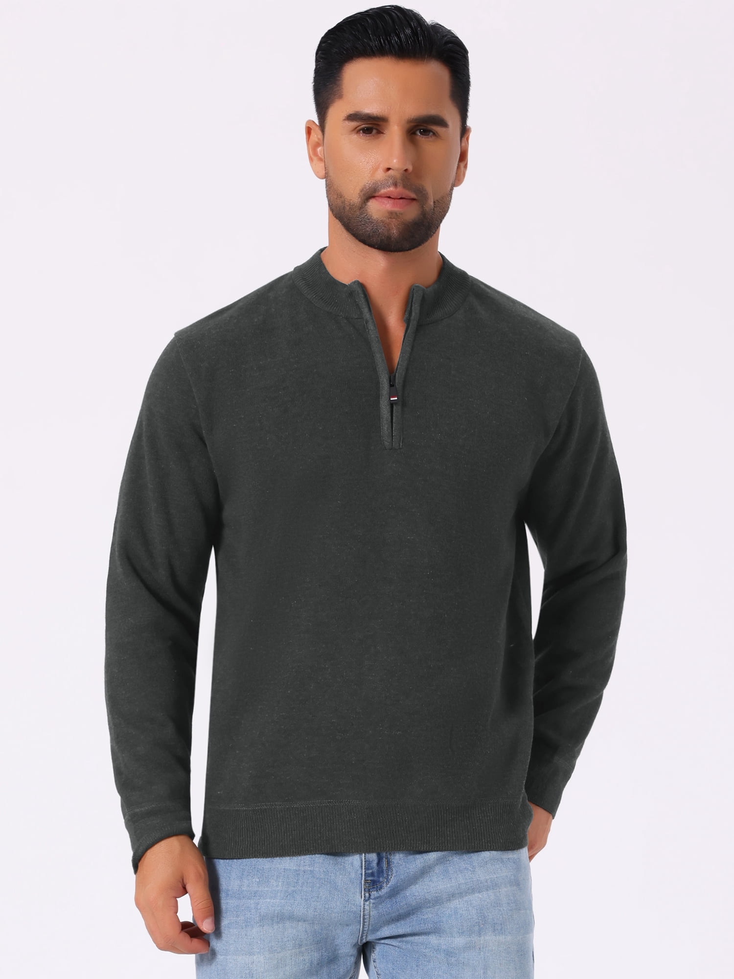 DARING DIVA Men's Mock Neck Pullover Quarter Zip Knitted Polo Sweater M Dark Gray