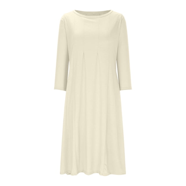 cfhntfmh Robes d'Automne pour Femmes Décontractées Manches 3/4 Col Ras du Cou Robe Midi Fluide Coton Doux Ample Plissée Robe de Vacances