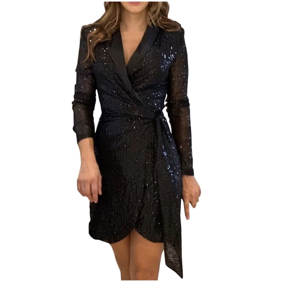 Bigersell Sequined Dresses for Women Evening Black Dresses Notched Lapel V-Neck Wrap Dress Elegant Formal Long Sleeve Sequin Dress Wedding Guest Sequins Patchwork Bodycon Mini Dress Black M