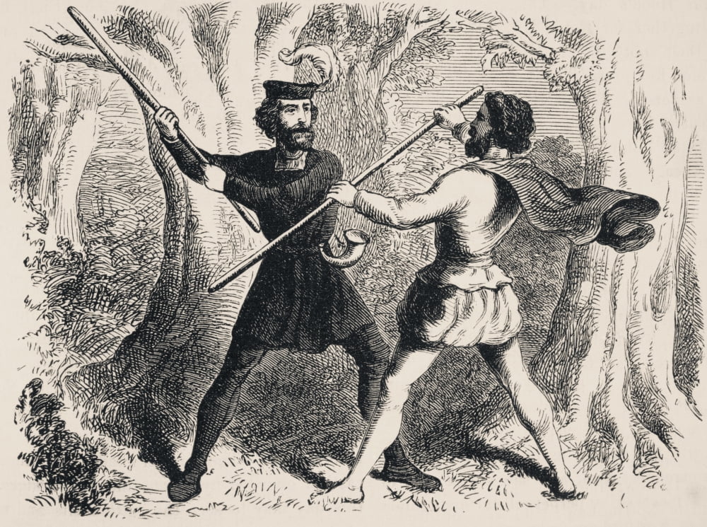 Two Men Fighting With Quarter Staffs Robin Hood And Little John From The National And Domestic History Of England By William Aubrey Published London Circa 1890 Canvas Art - Ken Welsh Design Pics (17