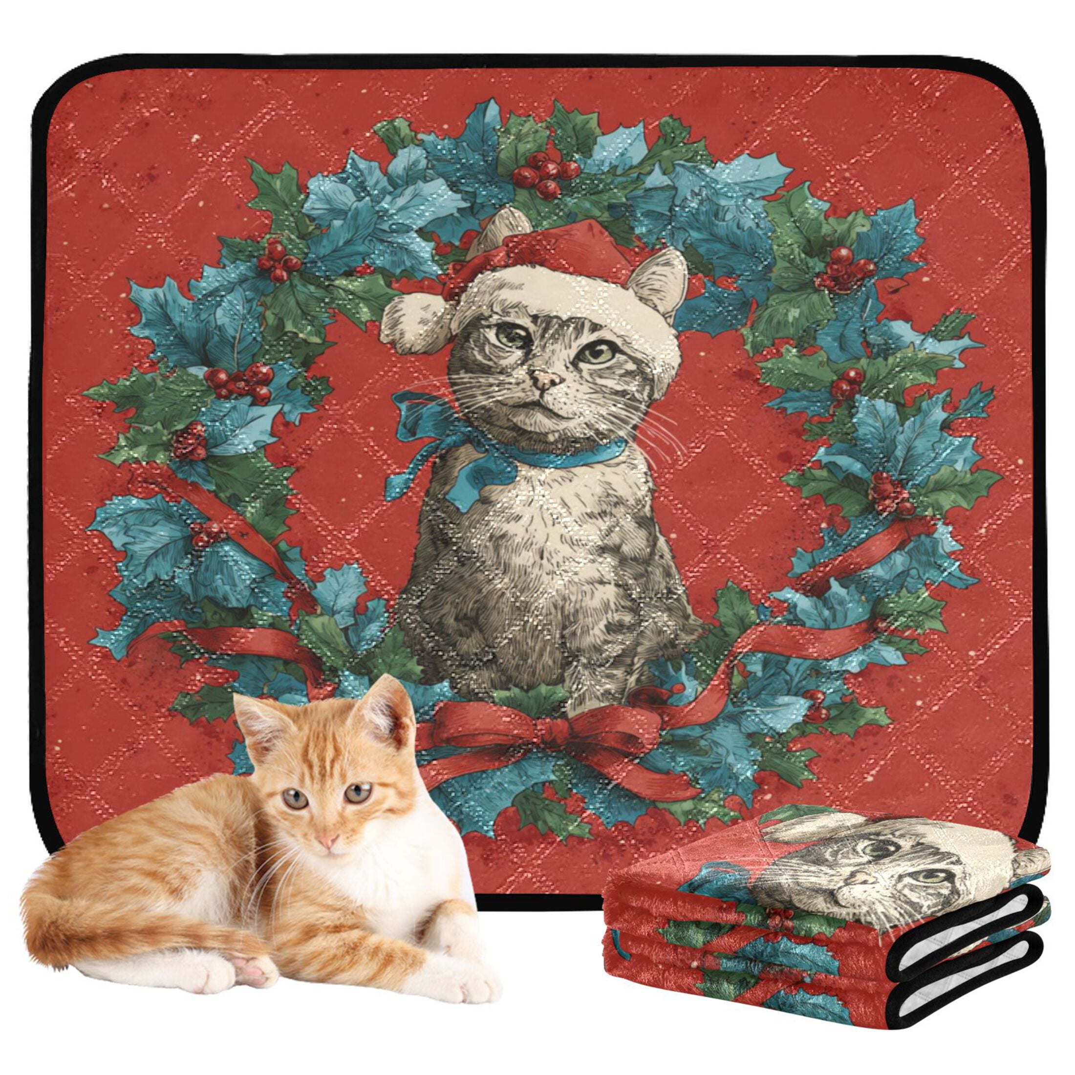 Qxltty Christmas Tabby Cat Cat litter Pads Pet Set of 2 Diaper Mats Center Anti-leakage Layer Absorbent Soft and Comfortable