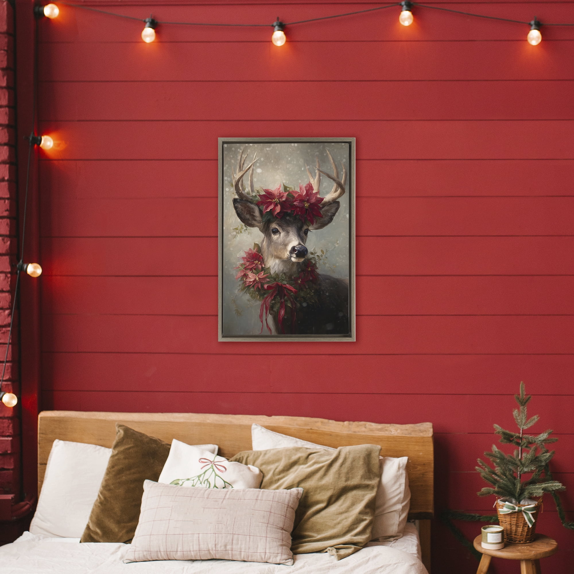 Stupell Industries Poinsettia Christmas Deer Brown Framed Floater Canvas Wall Art, design by Tina LeCour