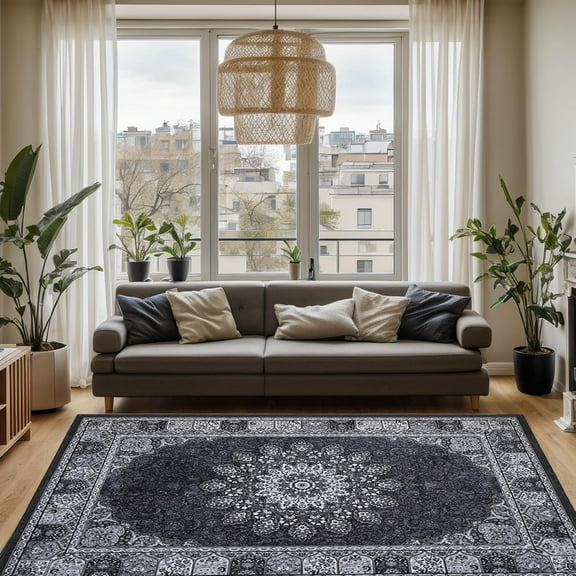 Washable Area Rug 5'x7', Black Rugs for Living Room, 5x7 Vintage Area Rug for Bedroom, Distressed Traditional Rugs, Foldable Thin Mat, Large Indoor Area Rugs, Non-Slip Stain Low Pile Carpet for House