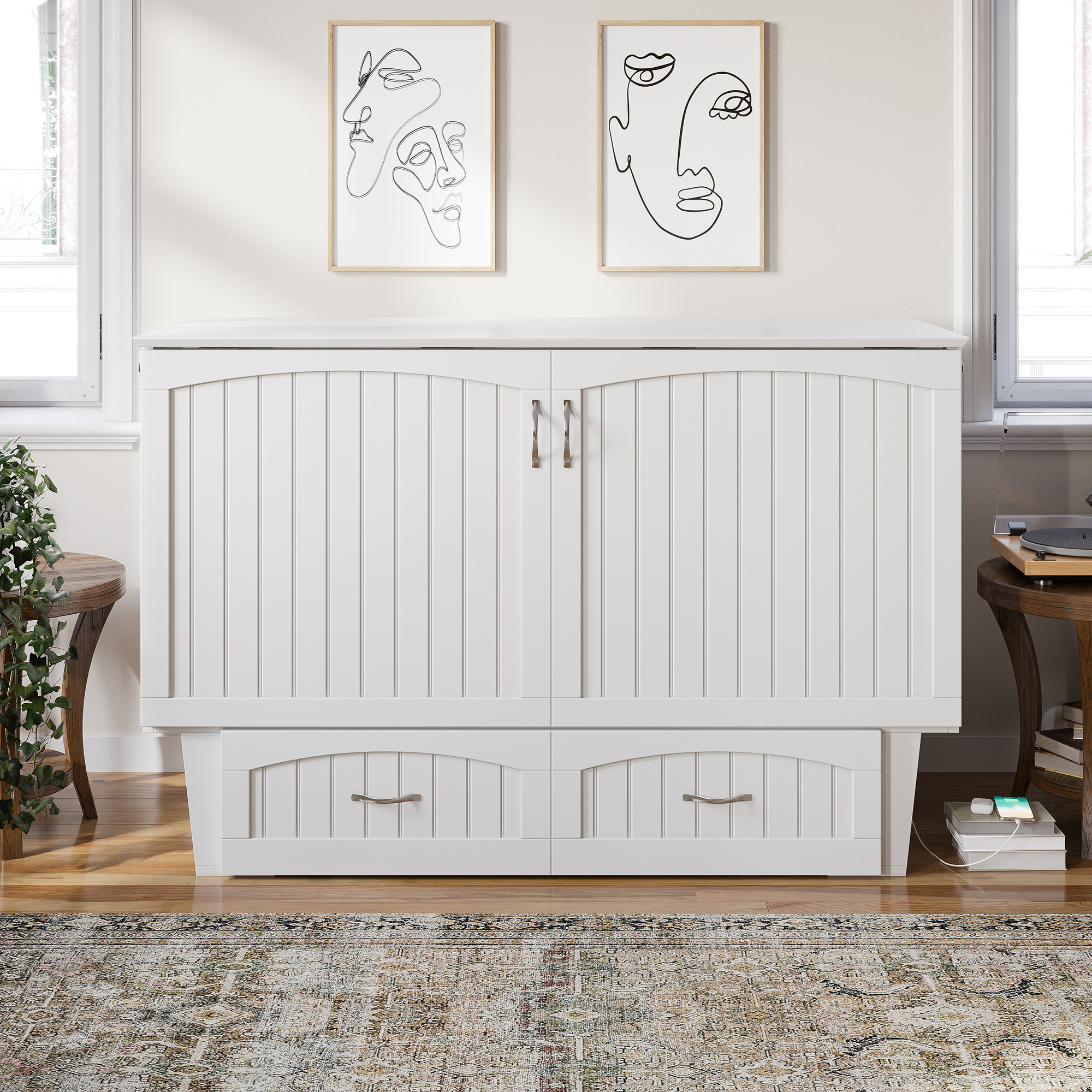 AFI Sydney Queen Murphy Bed Chest with 6" Mattress, Storage, & Built-in Charger, White