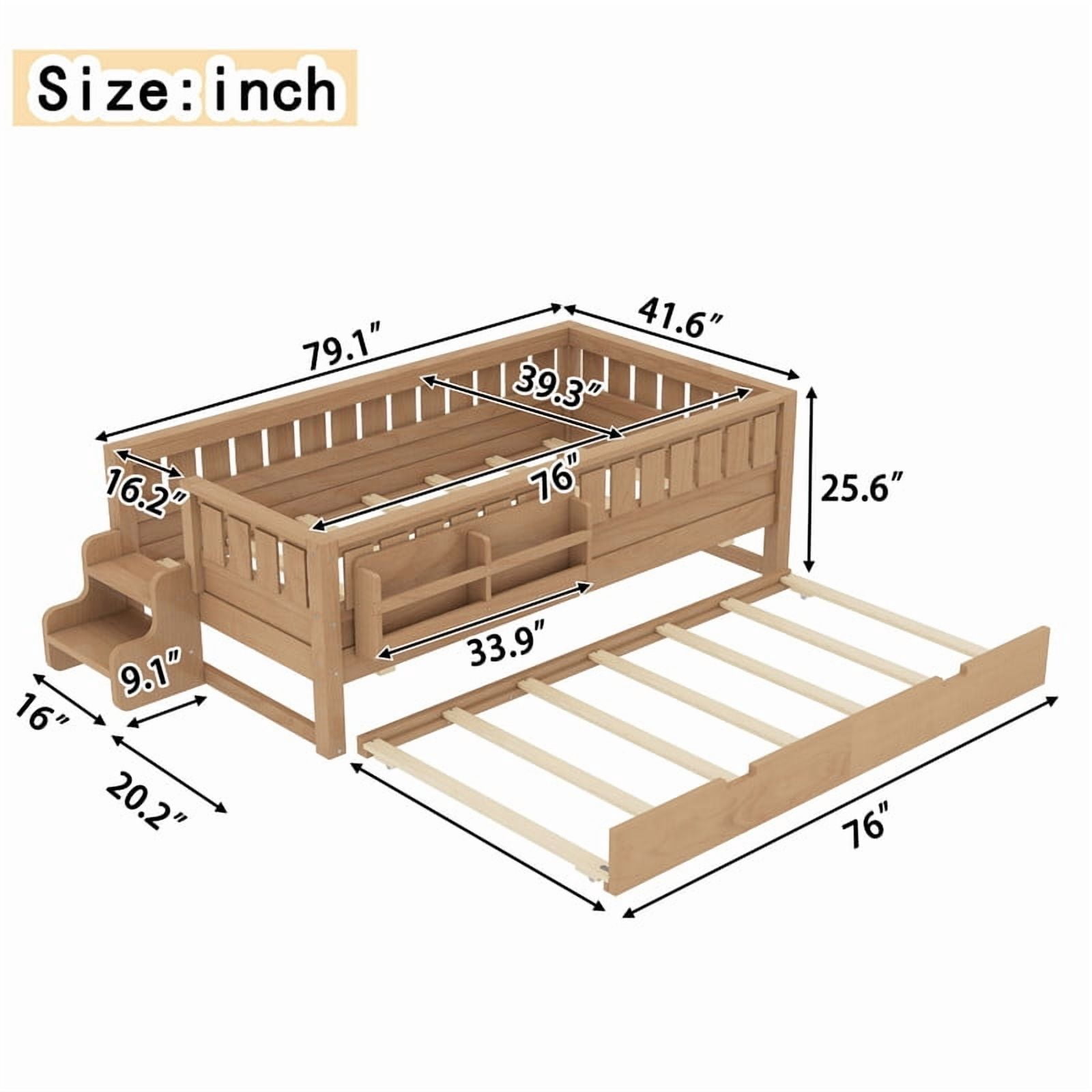 Bellemave Twin Bed with Trundle and Small Stairs, Twin Size Platform Bed Frame with Rail and Bookshelf, Wooden Montessori Floor Bed No Box Spring Needed,Natural