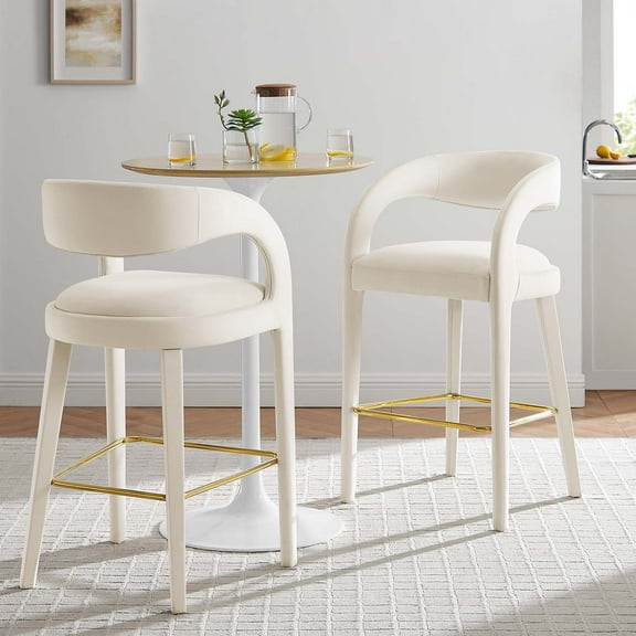 Modway Pinnacle Performance Velvet Bar Stool Set of Two in Ivory Gold