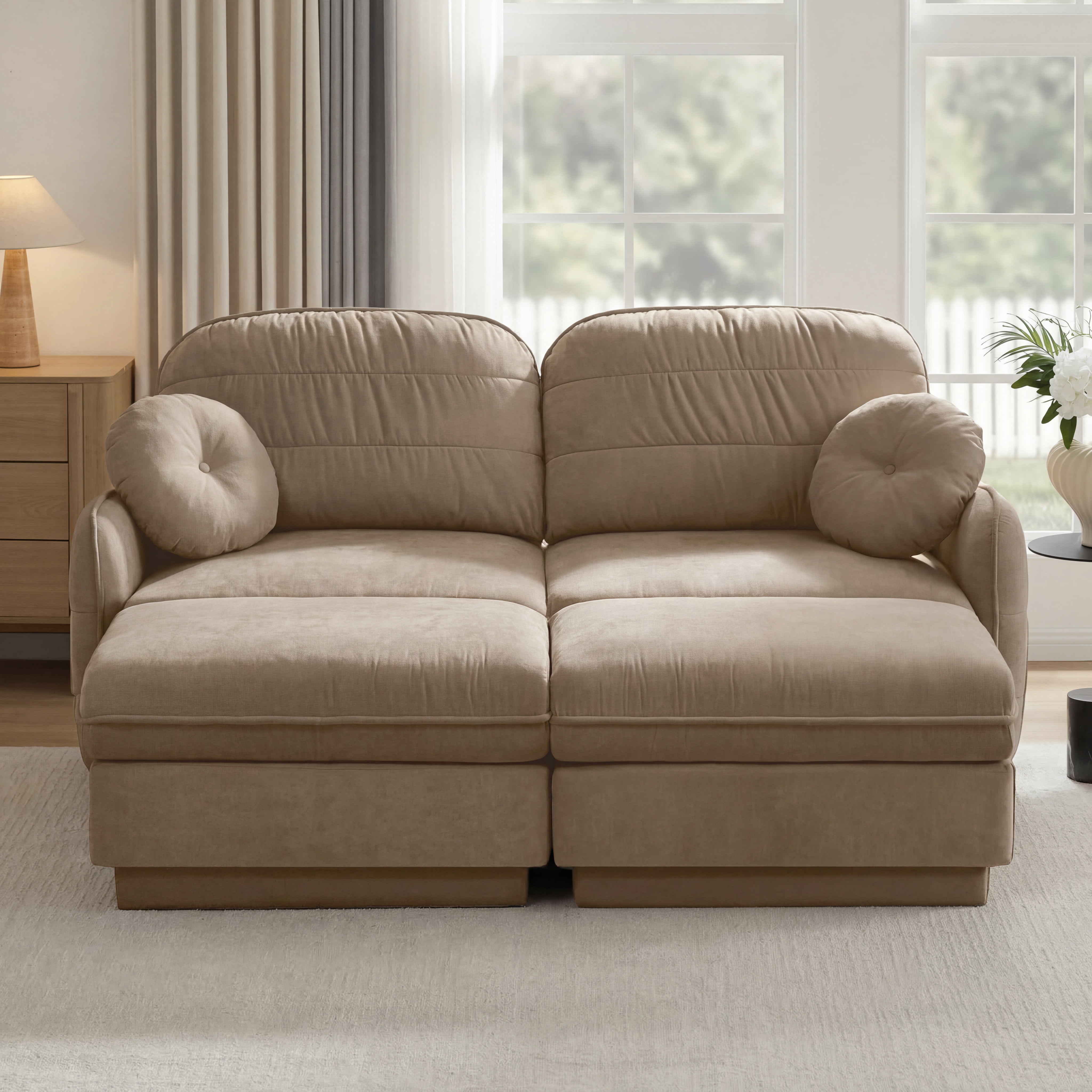 Mintazer Chenille Cloud Loveseat Sofa with 2 Movable Ottoman and Round Pillows, U-Shaped Ergonomic Sofa Couch for Living Room, Bedroom, Light Coffee
