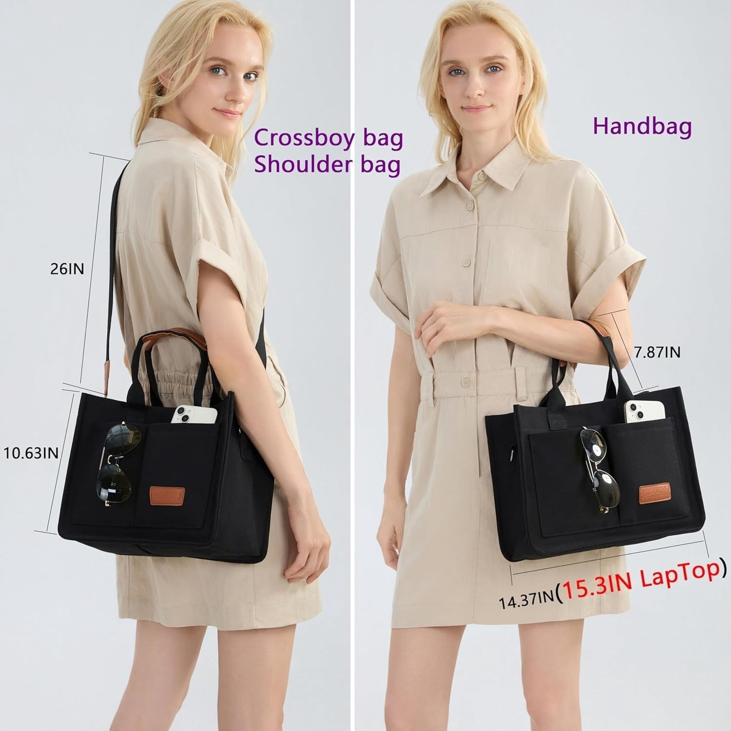 Tote Bag for Women With Compartments,Large Canvas Totes Women's Purse Crossbody Bags Work Laptop Book Bag Shoulder Handbags Black