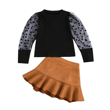 

Toddler Kids Baby Girls Clothes Polka Puff Sleeve T Shirt Ruffle A-Line Skirts Spring Autumn Outfits