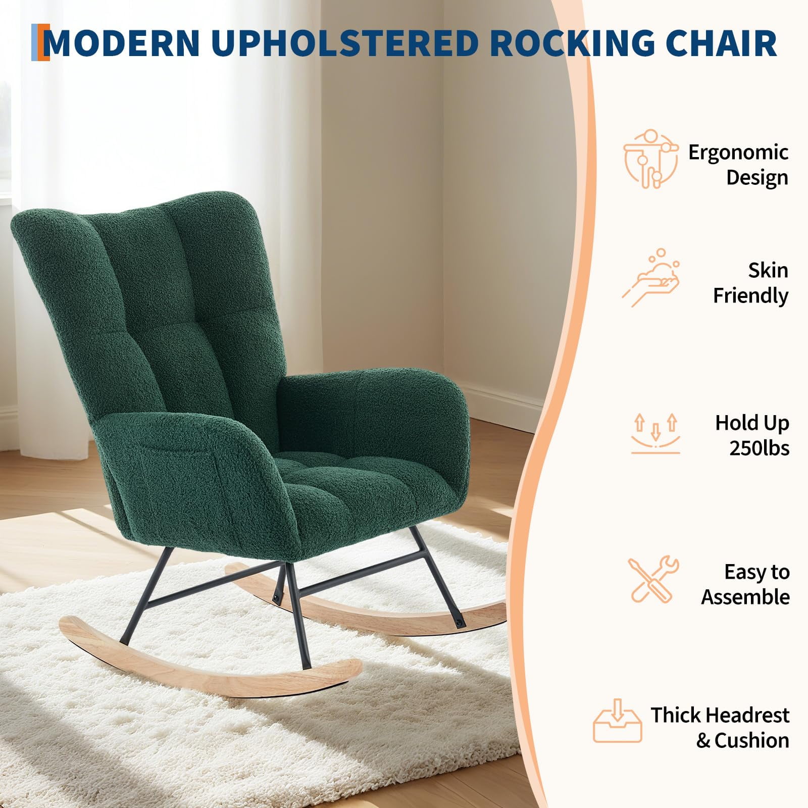 KOKEBREN Teddy Upholstered Rocking Chair for Nursery,Glider Rocker for Adults,Chair for Living Room Bedroom,Dark Green