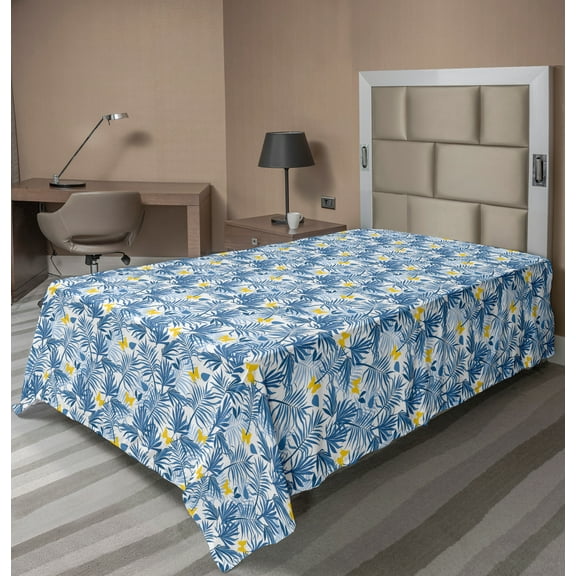 Ambesonne Tropical Flat Sheet, Exotic Leaves Butterflies, TwinXL Size, Azure Blue Yellow White