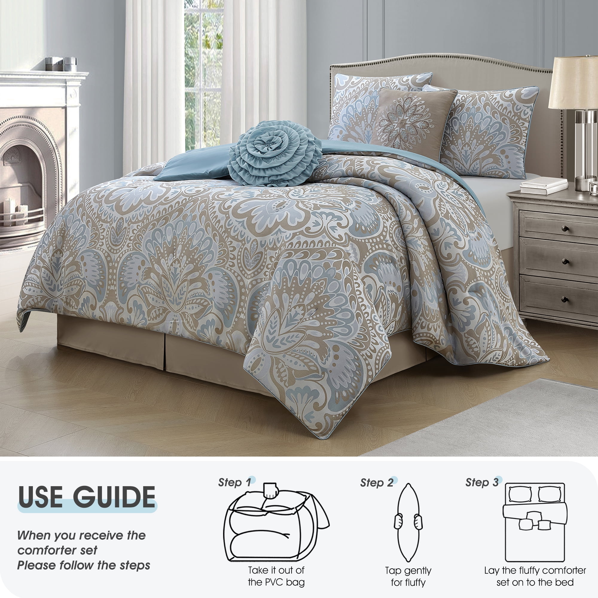 Lanco Blue Gold Queen Size Comforter Set , 6 Piece Floral Bedding Set , Pillow & Shams , Bedskirt , Soft Bedding Comforters & Sets