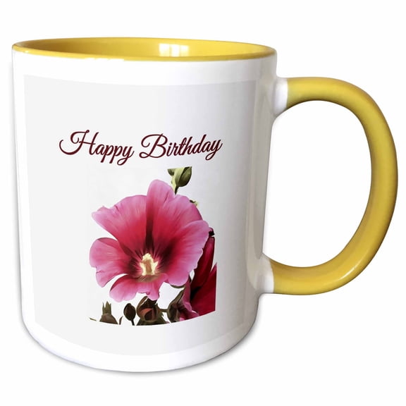 3drose, Happy Birthday Pink Hollyhock Malva Flower Floral Design, 15oz Two-tone Yellow Mug