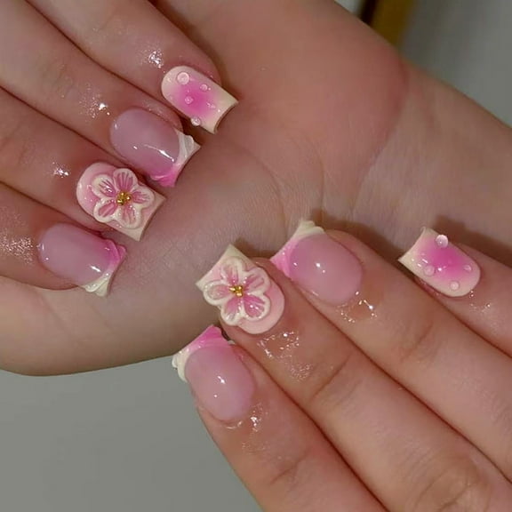 Square Flower Fake Nails Glues On Nails Artificial Acrylic Nails 24pcs On Nails for Womens Girls