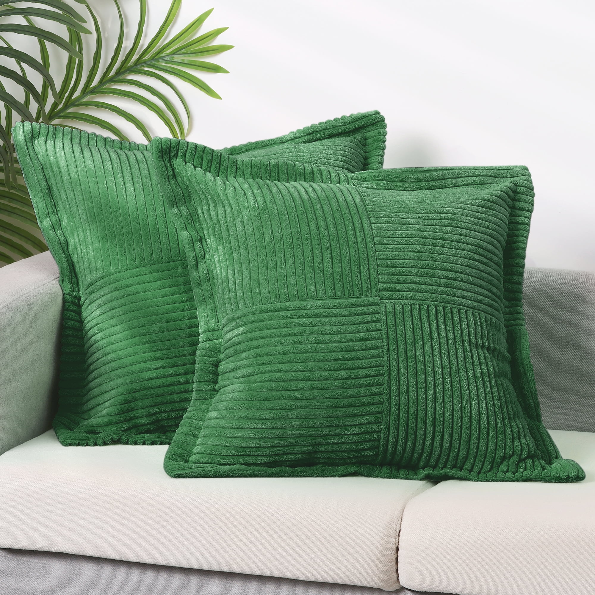 Unique Bargains 4 Pcs Solid Corduroy Throw Pillow Covers Wide Bordered Pillowcase Green/Grey 18" x 18"