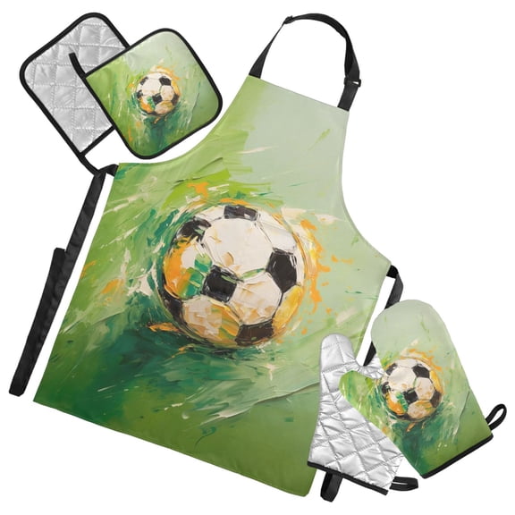 Oil Art Football 5 Pcs Kitchen Set Heat Resistant Oven Mitts and Non-Slip Pot Holders with Adjustable Cooking Apron