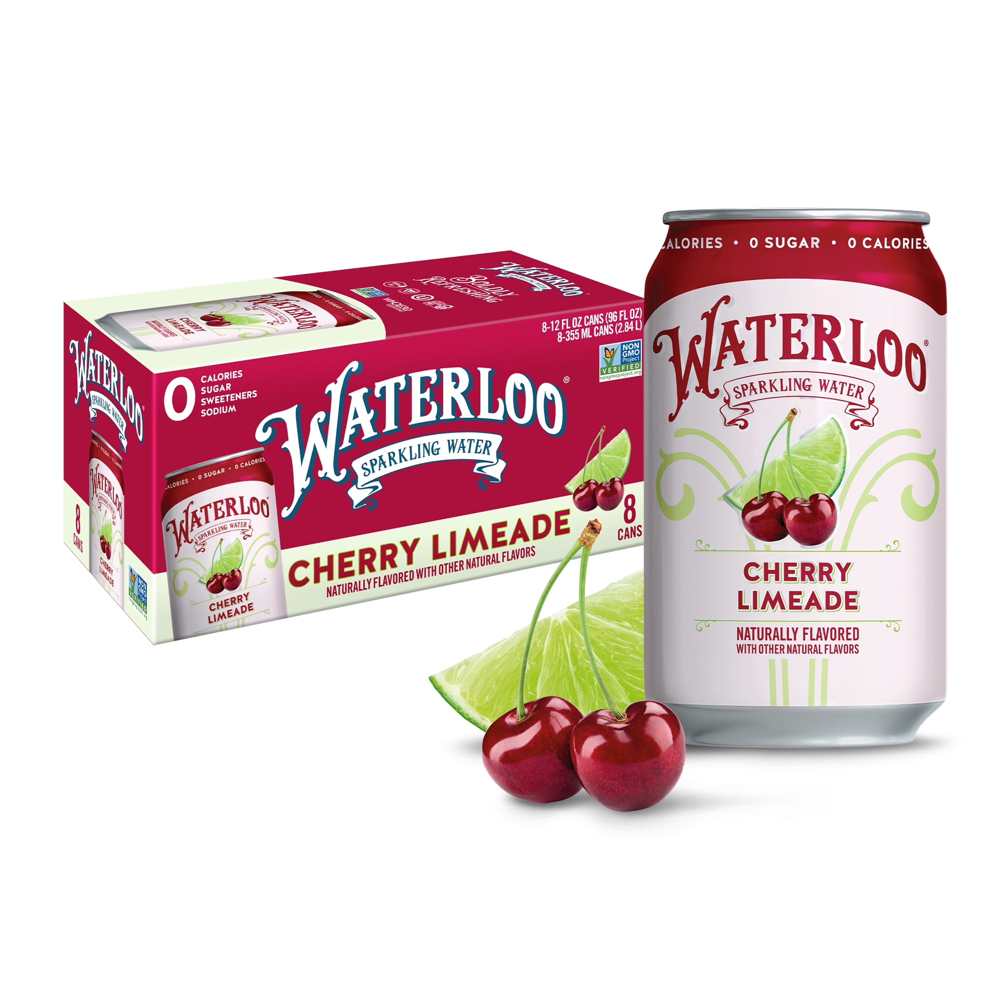 (3 pack) Waterloo Sparkling Water, Cherry Limeade, 12 fl oz, 8 pack cans