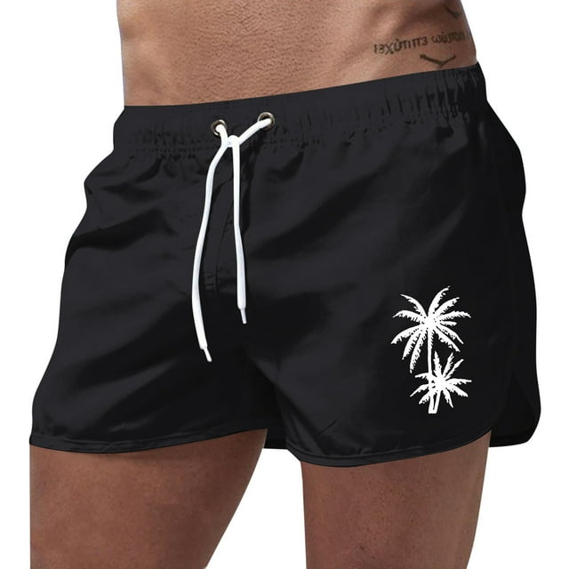 Mens Swimming Trunks 5 Inch Inseam Coconut Tree Print Quick Dry Board Shorts Lightweight Drawstring Summer Swimsuits with Pockets