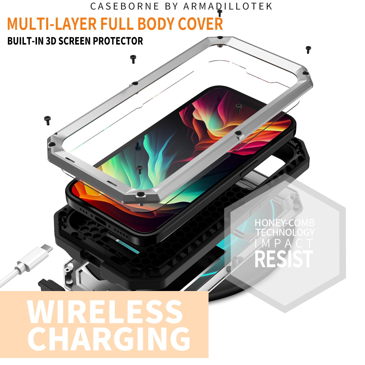 Heavy Duty Rugged Case for iPhone 15 Pro Max with Camera Lens Sliding Kickstand, Triple-Layer Military Grade Metal Frame Shockproof Cover with Screen Protector Dustproof Protective Case,Silver