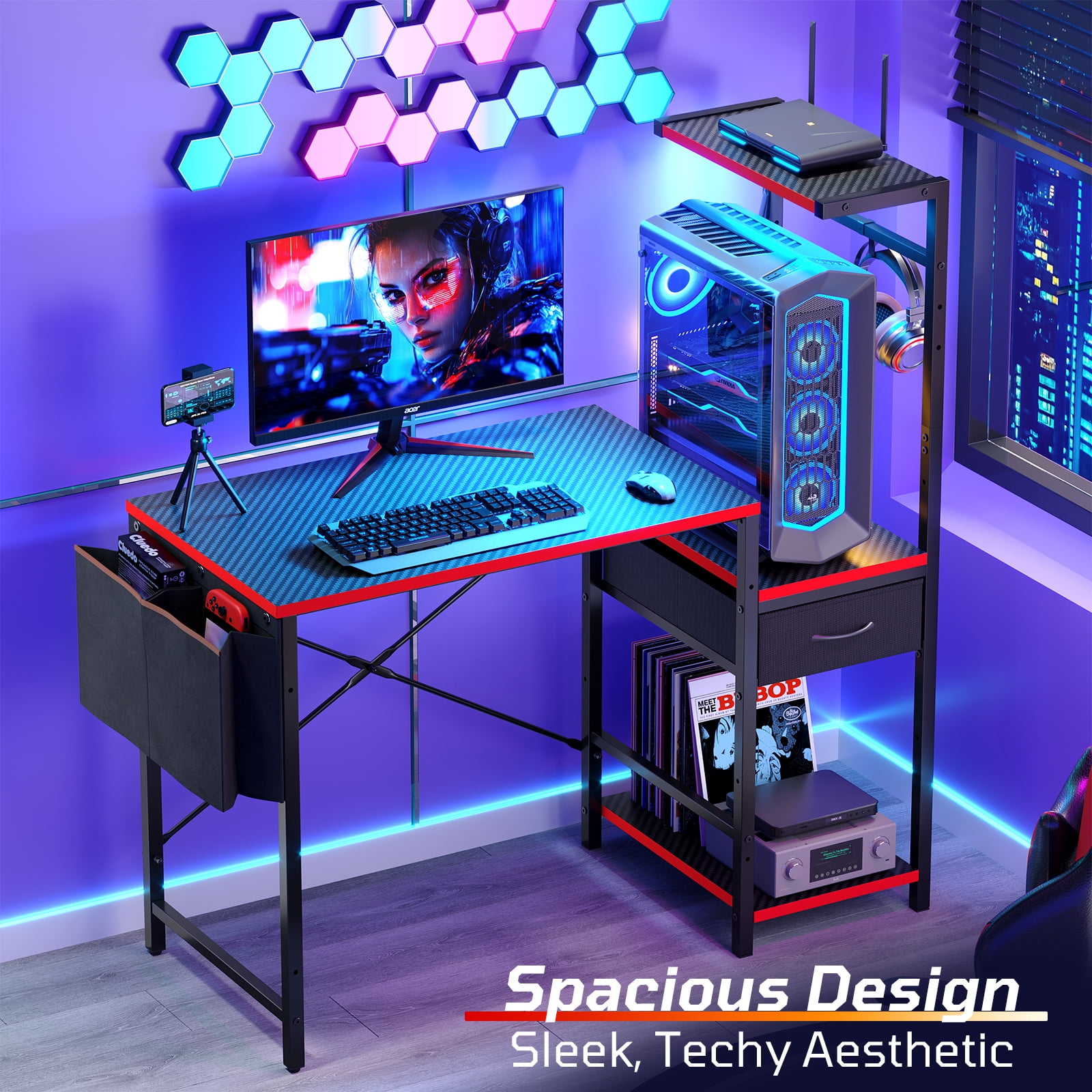 Bestier LED Gaming Desk with Drawer, 44'' Computer Desk with Reversible Shelves, PC Gamer Desk with Side Storage Bag, Hooks and Height Adjustable Shelf for Home Office, Red