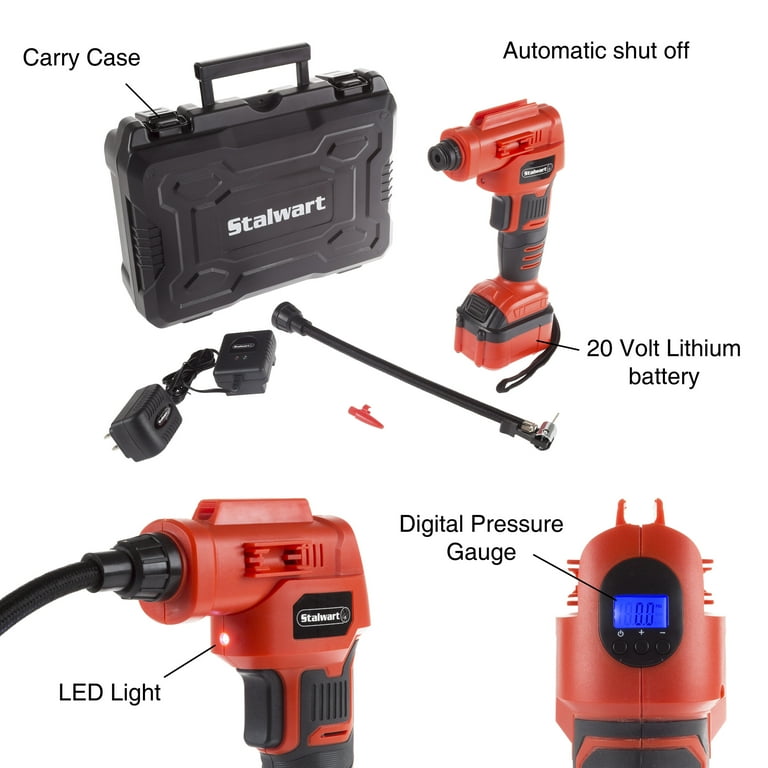 Automatic Air Compressor with 20V Lithium Battery-Cordless Tire Inflator for Car, Bike, Sports Equipment and More-Carrying Case Included by Stalwart Automatic Air Compressor with 20V Lithium Battery-Cordless Tire Inflator for Car, Bike, Sports Equipment and More-Carrying Case Included by Stalwart