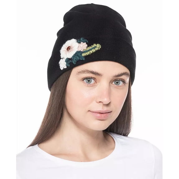Inc International Concepts Floral Embroidered Beanie Black One Size