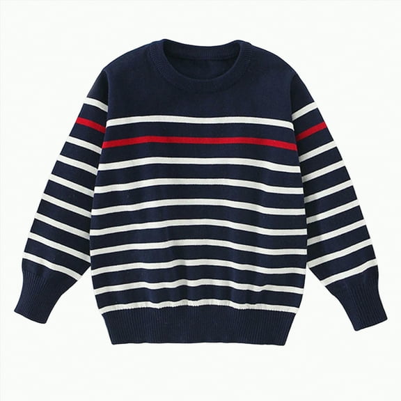 CAICJ98 Kids Boys Long Sleeve Sweater Knit Crewneck Pullover Striped Sweaters for Boys Fall Winter Clothes Navy,6-7 Years
