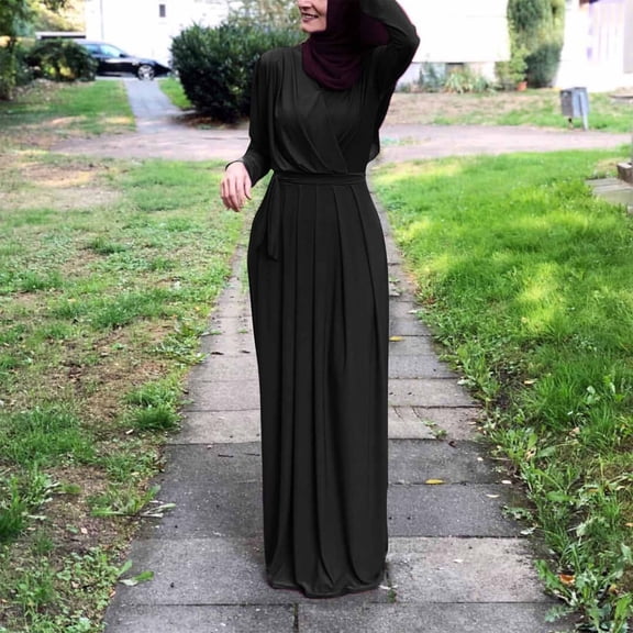 Guieoi Dress for Women under $10.00 Plus Size Women's Contrasting Color Slim Temperament Long Skirt with Foil Splicing Muslim Dress Dress Black Black*Friday/Cyber*Monday