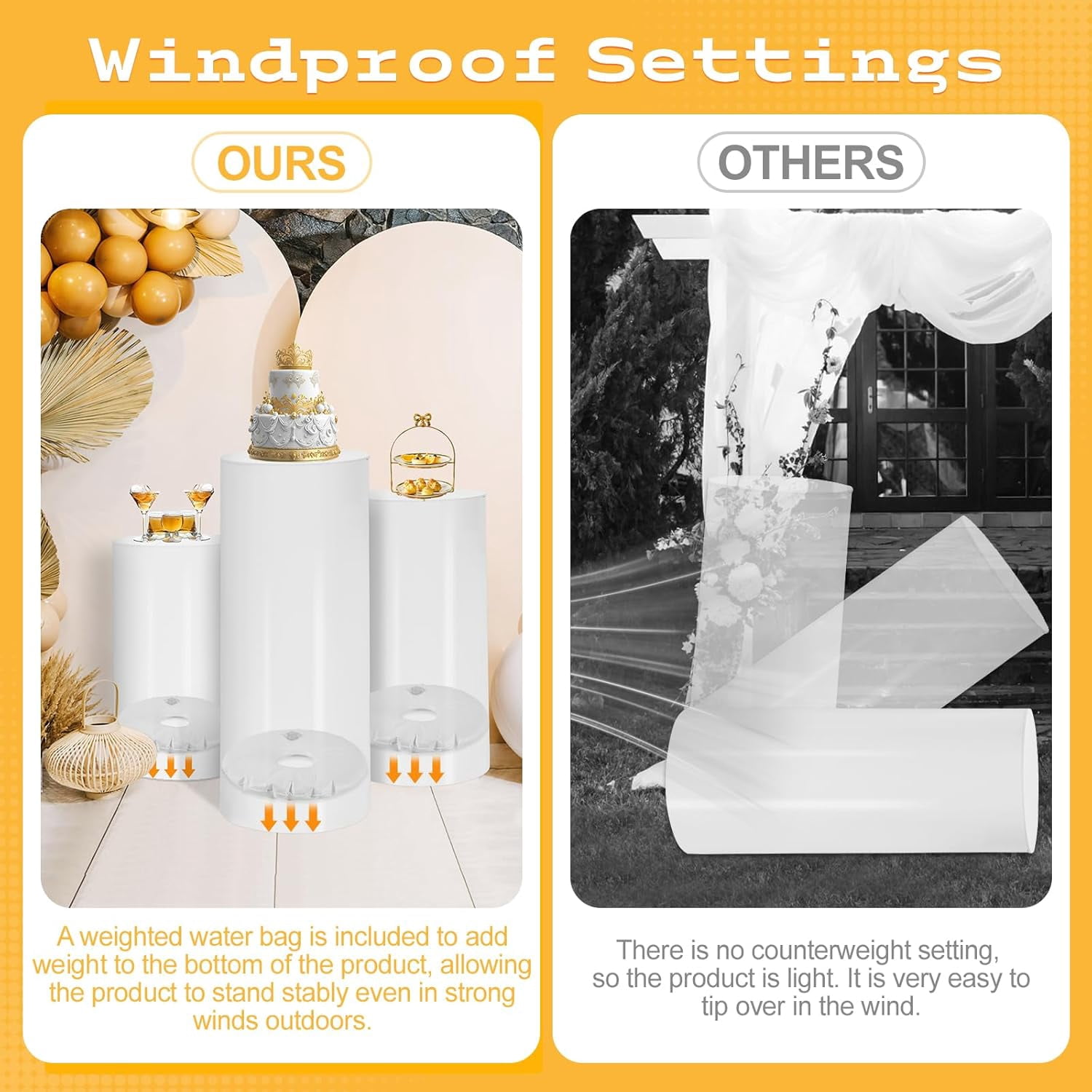 3-Pack White PVC Cylinder Pedestal Stands With Weighted Bag - For Wedding, Party, Display (S/M/L)
