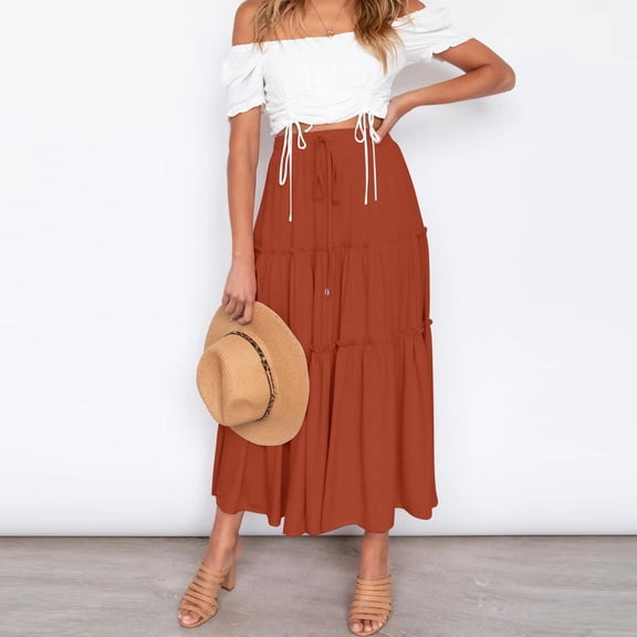 JIANJIA Womens Skirts Autumn Winter Boho Elastic High Waist Ruffle Swing A Line Maxi Skirt Activewear