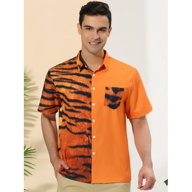 Lars Amadeus Camisa De Manga Corta Con Estampado Animal Para Hombre Con Botones Informal Con Estampado De Patchwork Naranja negro L Lars Amadeus Camisa Bodega Aurrera en linea