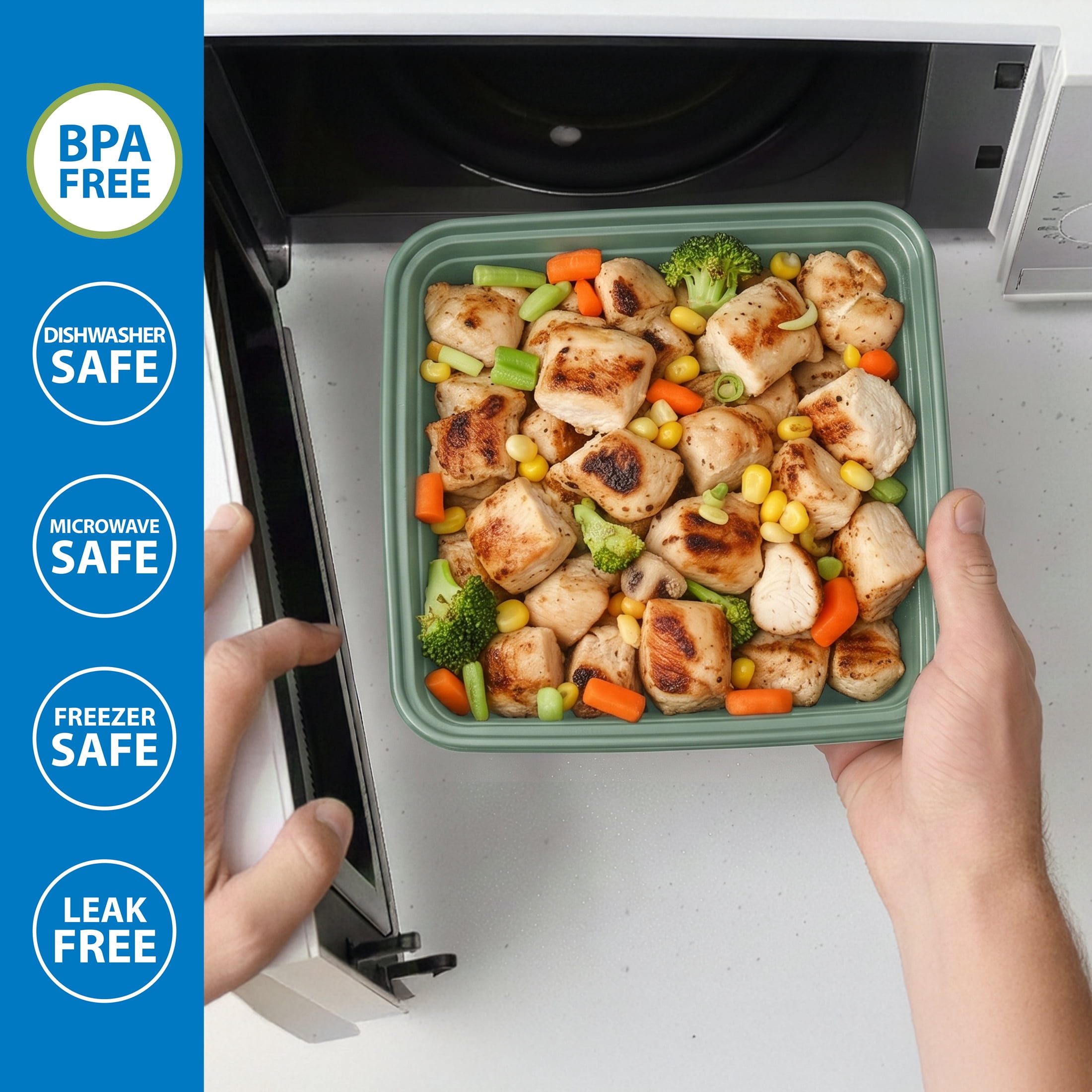 Mainstays 5-Pack Tall Square BPA-Free Plastic Meal Prep Food Storage Containers, 1.9L, Green Sage