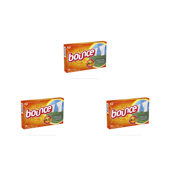 Bounce Outdoor Fresh Dryer Sheets, Fabric Softener, 15 Count, 3 Pack (45 Total Sheets)