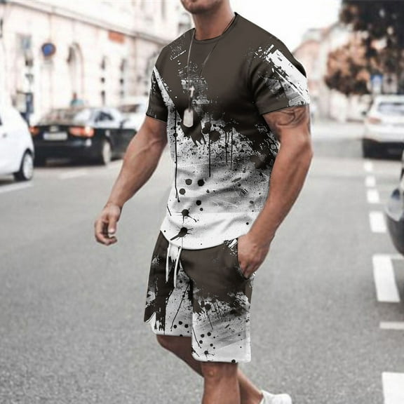 UVEASISHA Mens Sports Sets,Men's Workout Shot Sets Vintage Print Sweat Suits 2 Piece Outfits Casual Summer Tracksuits Set Drawstring Shorts Outfit with Pockets