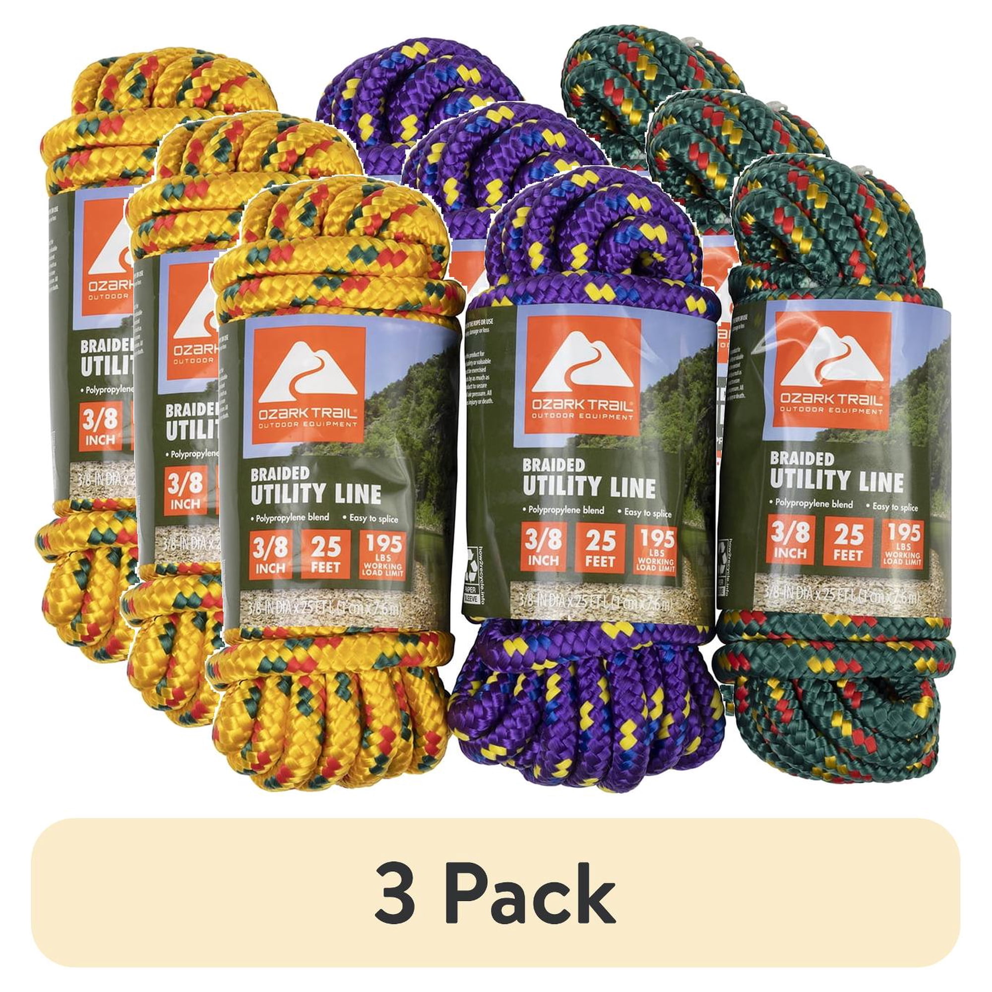 (3 pack) Ozark Trail Braided Polypropylene Blend Utility Line, 3/8 in x 25 ft, 195 lb Maximum Working Load, Multicolor