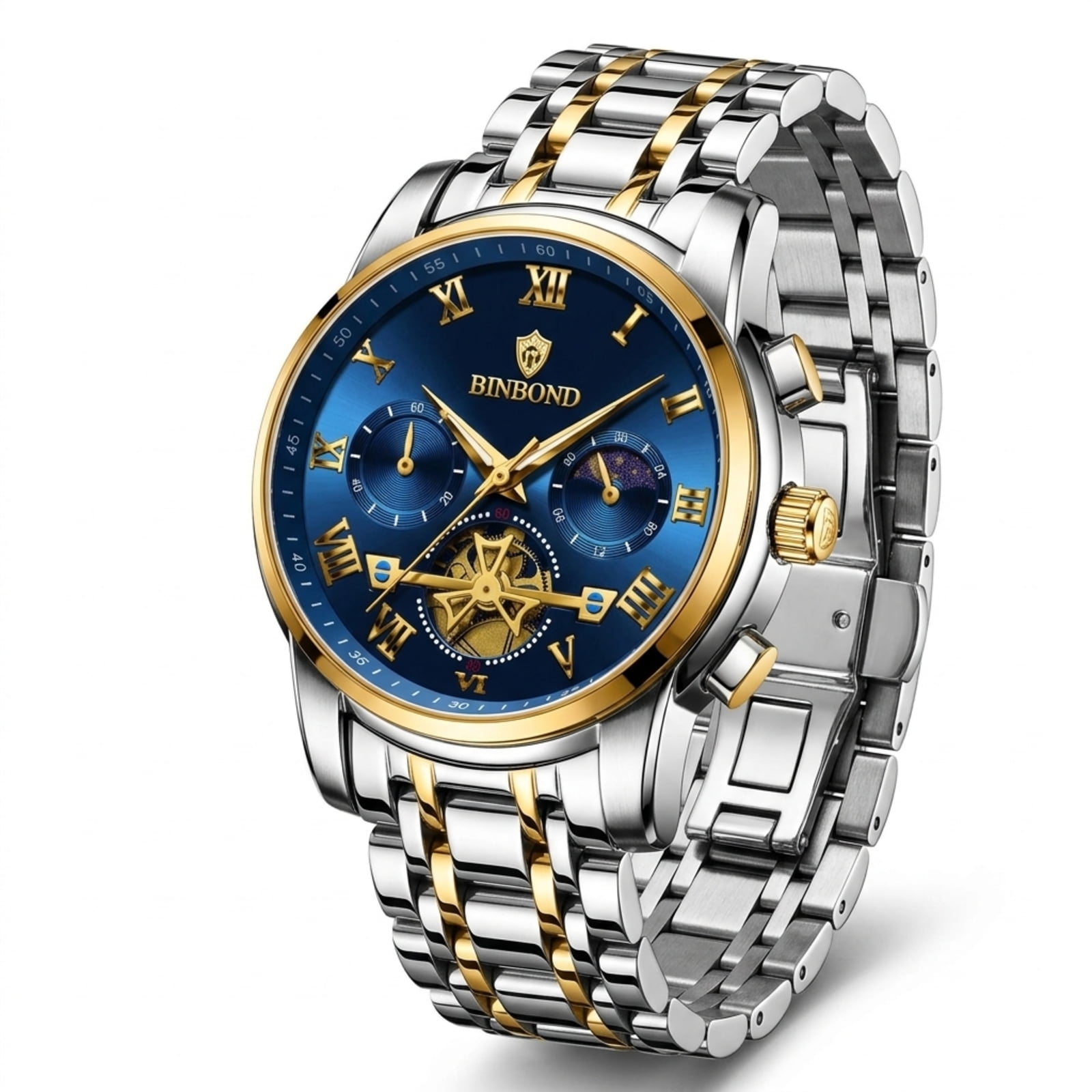 Men's Business Quartz Watch, Blue Dial Gold Tone, Stainless Steel Band, Waterproof Chronograph Wristwatch with Date