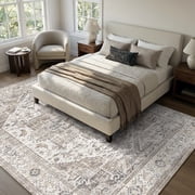SIXHOME 9x12 Washable Area Rug for Living Room Vintage Medallion Distressed Carpet Soft Low Pile Large Rug for Bedroom Dining Room Office Retro Indoor Home Decor Taupe